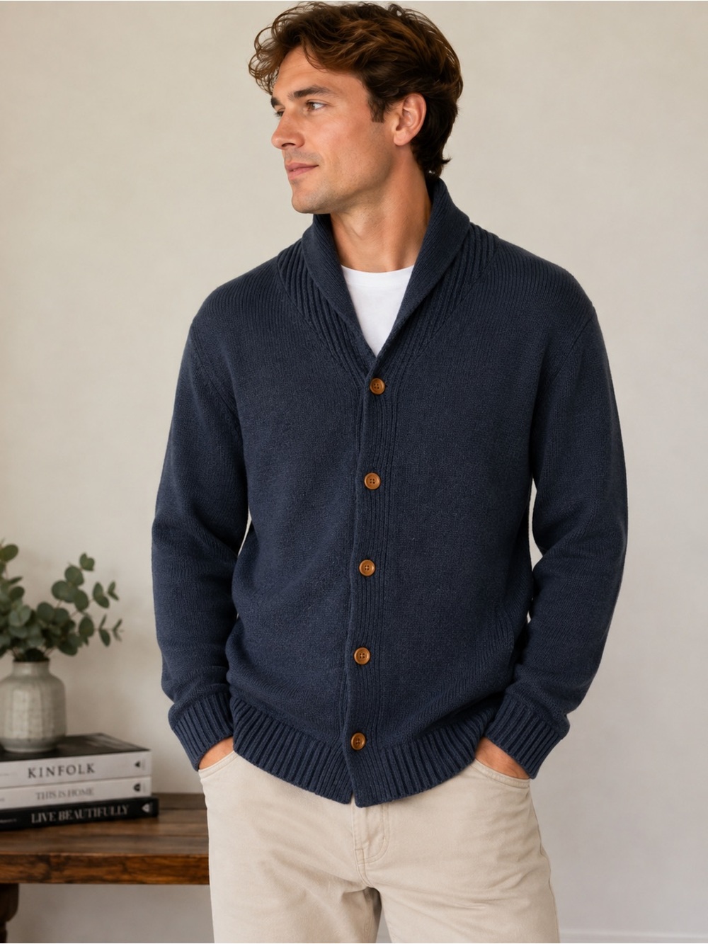 Old Navy Men’s Navy Blue Shawl Collar Button Front Cardigan Sweater Large